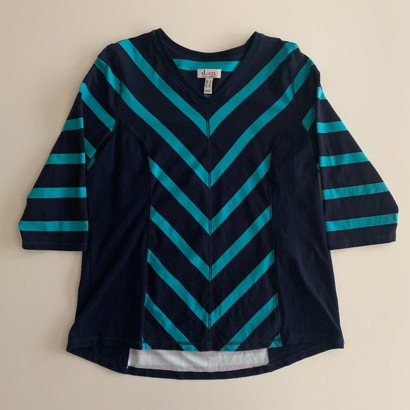 NWOT Denim & Co. Color Block V-Neck Aqua Blue/Navy 3/4 Sleeve Shirt Size Large - Picture 3 of 11